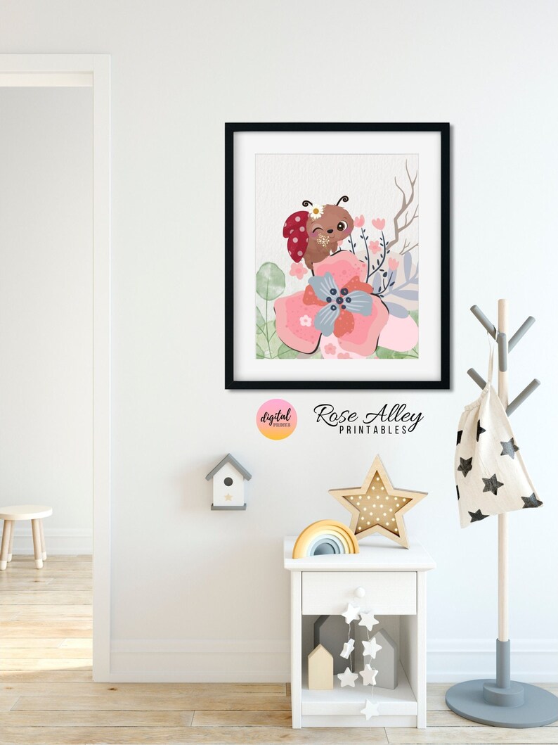 Flowers and Ladybug, Girls Nursery Bedroom Decor, Printable Wall Art Kids Room, Kids Printable Wall Art Digital Download, Set of 2 image 5