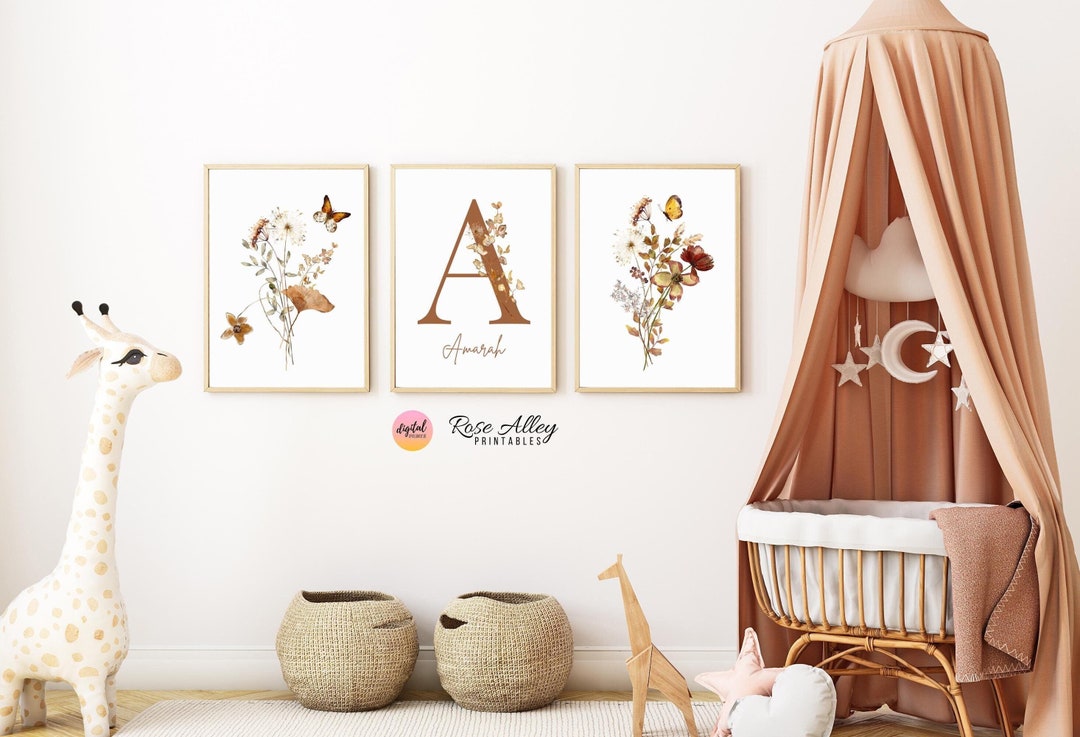 Personalized Boho Wildflower Wall Art, Floral Name Girl Bedroom, Girls ...