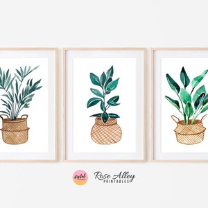 Botanische Prints, Grün, Dekorative Pflanzen Digitale Kunst, Wanddekor, Pflanzen im Korb Aquarell Wandkunst zum Ausdrucken, 3er-Set Bild 2