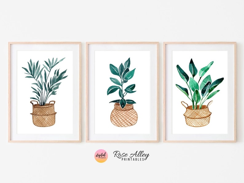 Botanische Prints, Grün, Dekorative Pflanzen Digitale Kunst, Wanddekor, Pflanzen im Korb Aquarell Wandkunst zum Ausdrucken, 3er-Set Bild 2