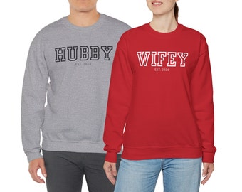 Personalized Hubby and Wifey Sweatshirts, Newlywed Couple Shirts, Engagement Gift, Wedding Gift, New Wife Husband Sweatshirt, Honeymoon Gift