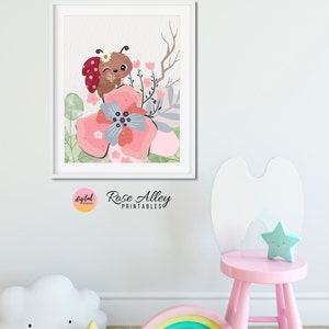 Flowers and Ladybug, Girls Nursery Bedroom Decor, Printable Wall Art Kids Room, Kids Printable Wall Art Digital Download, Set of 2 image 4