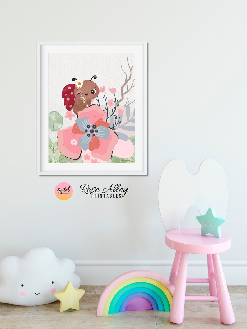 Flowers and Ladybug, Girls Nursery Bedroom Decor, Printable Wall Art Kids Room, Kids Printable Wall Art Digital Download, Set of 2 image 4