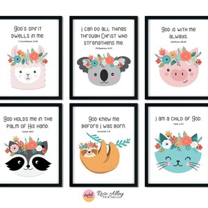 Impressões de quarto de meninas, decoração de berçário, arte de parede para impressão em quarto infantil, versículo bíblico infantil e download digital de arte de parede para impressão de animais, conjunto de 6