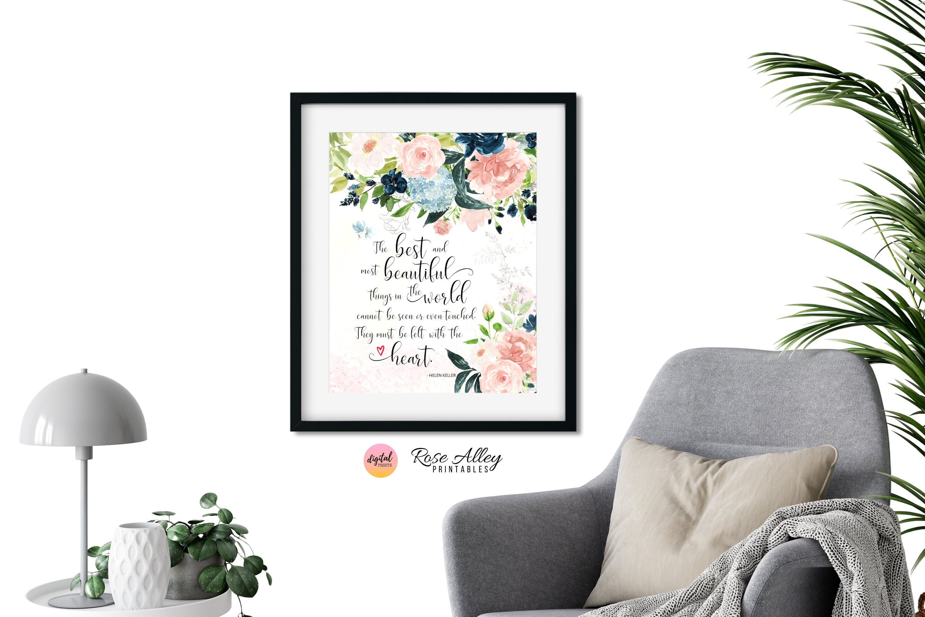 Must Be Felt With The Heart, Typography Art, Floral Wall Art, Home and Office Decor, Helen Keller Quote Printable Wall Art Digital Download