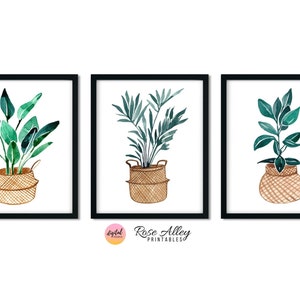 Botanische Prints, Grün, Dekorative Pflanzen Digitale Kunst, Wanddekor, Pflanzen im Korb Aquarell Wandkunst zum Ausdrucken, 3er-Set Bild 1