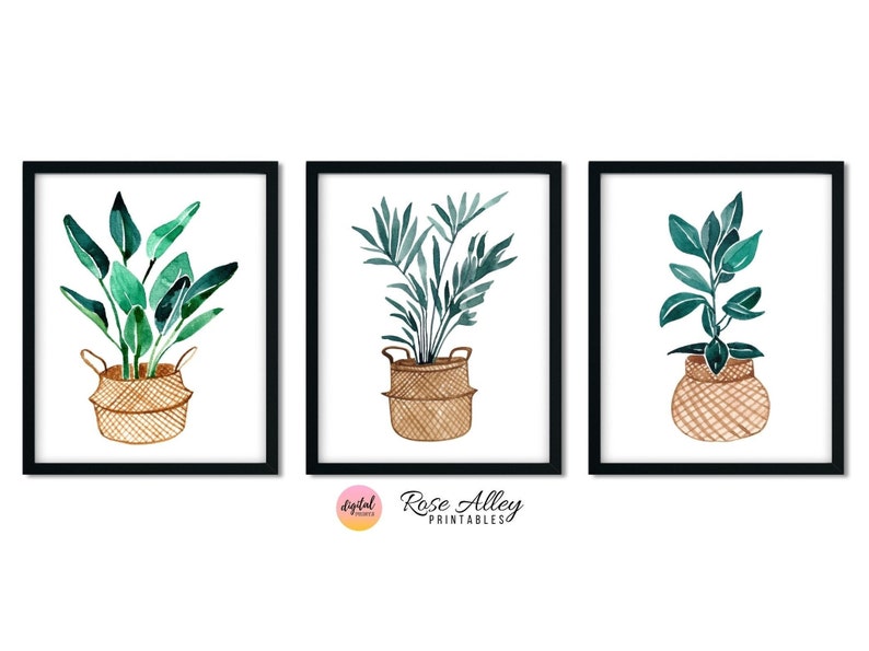 Botanische Prints, Grün, Dekorative Pflanzen Digitale Kunst, Wanddekor, Pflanzen im Korb Aquarell Wandkunst zum Ausdrucken, 3er-Set Bild 1