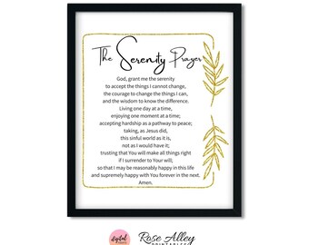 Typography Print, Quote Printable, Wall Decor, Complete Version with Gold Wreath, The Serenity Prayer Wall Art