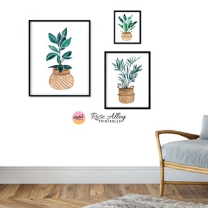 Botanische Prints, Grün, Dekorative Pflanzen Digitale Kunst, Wanddekor, Pflanzen im Korb Aquarell Wandkunst zum Ausdrucken, 3er-Set Bild 3