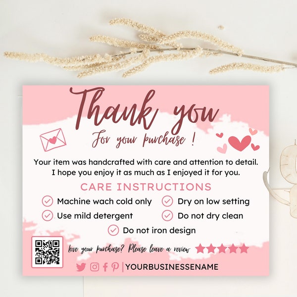 Washing Instructions Card Template Editable and Printable, Customizable Care Instructions Card, Tshirt Packaging, Clothing Care Instructions