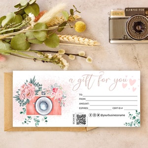 Plantilla de certificado de regalo de fotografía con código Qr, vale de regalo de fotógrafo, plantilla de tarjeta de regalo de fotógrafo para clientes, editable