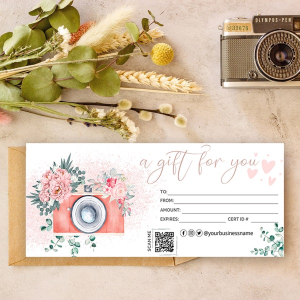 Photography Gift Certificate Template With Qr Code, Photographer Gift Voucher, Photographer Gift Card Template For Clients, Editable