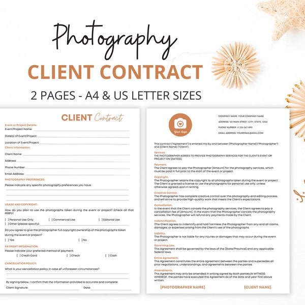 Photography Client Contract Template, Editable Canva Template, Session Contract Form, Client Agreement For Photographers, Business Form