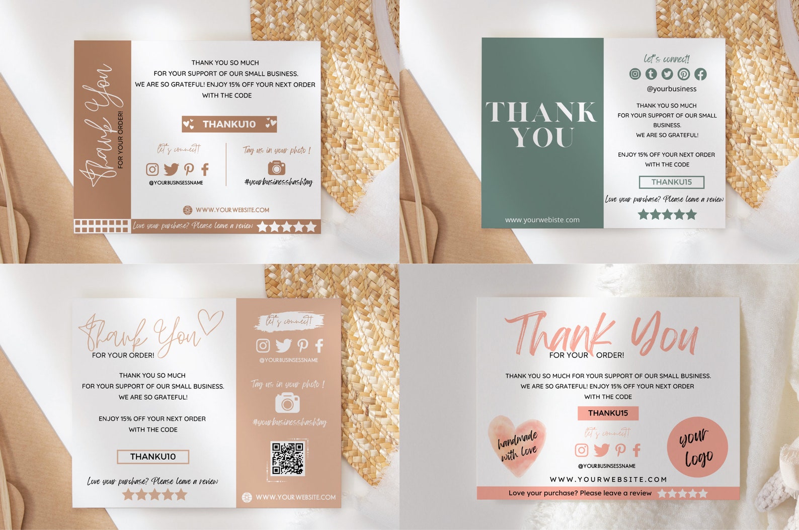 20 Thank You Card Template Small Business Bundle, Packaging Insert Cards, Editable and Printable