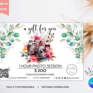 Fotografie cadeaubon sjabloon met QR-code, fotograaf cadeaubon, cadeaukaartsjabloon voor klant, fotosessiebon,