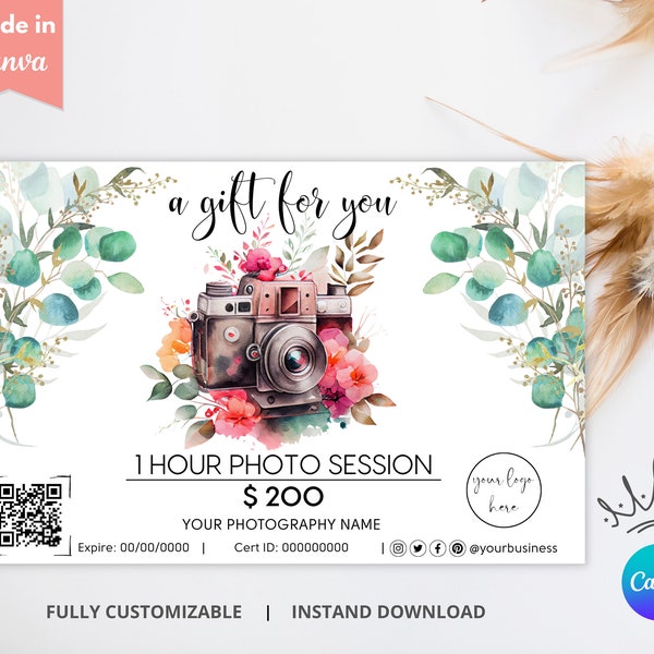 Photography Gift Certificate Template With Qr Code, Photographer Gift Voucher, Gift Card Template For Client, Photo Session Voucher,