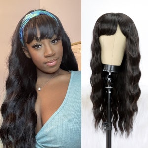 Natural Black Long Wavy Wig with Bangs Synthetic Wig 26 Inches