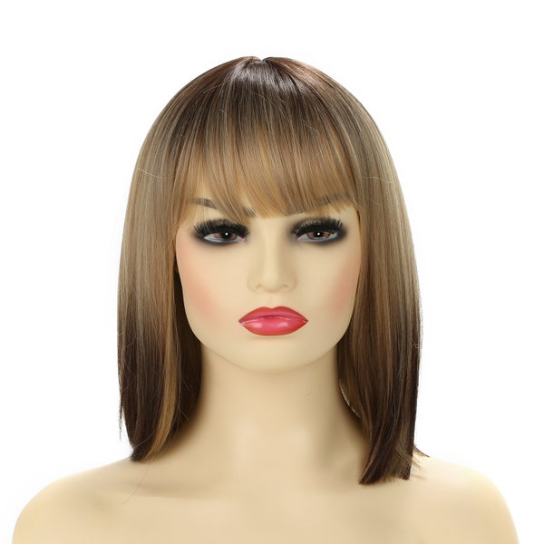 Brown Short Bob Wigs for Women Natural Straight Synthetic Hair Wig with Bangs Like Real Human Hair