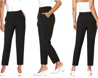 Ladies Smart Work Trouser Women Tailored Pleated High Waist Tapered Leg Casual Slim Fit Everyday Pants