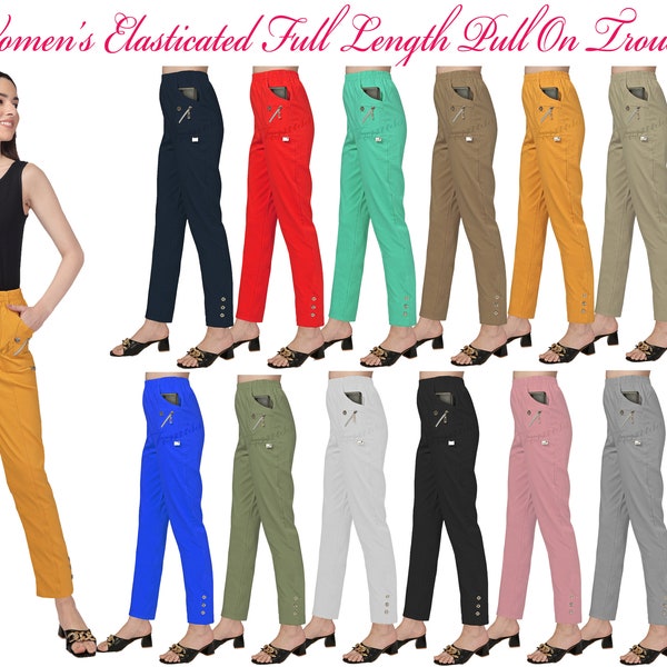 femiss Womens Trousers Elasticated High Waist Relax Fit Ladies Full Length Casual Everyday Soft Stretchy Lightweight Pants