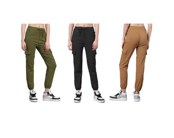 Femiss Femme Pantalon cargo avec poches Pantalon chino slim taille haute extensible pour femme