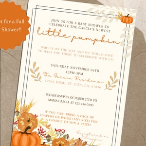 Little Pumpkin Baby Shower Invitation Digital Download Fall Baby Shower Autumn Pumpkin Patch Falling for you Baby Shower Woodland Theme