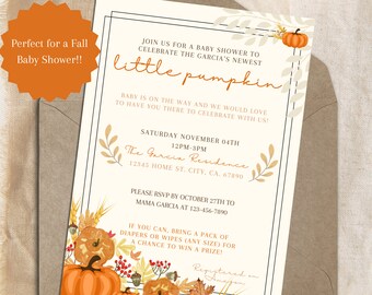 Fall Pumpkin Baby Shower Invitation Template: Lil Pumpkin Theme (Digital Download)