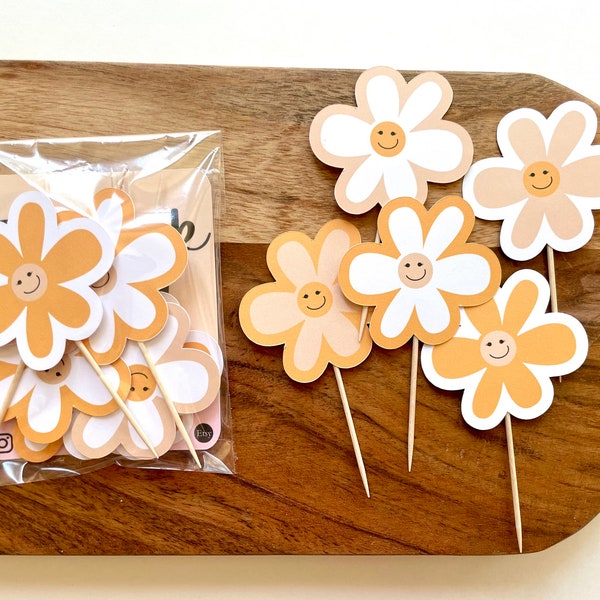 Flower Cupcake Topper Boho Party Decor Groovy Theme Birthday Smiley Face Cupcake Topper Flower Groovy One Kid Birthday Boho Baby Shower