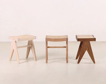 Low Cane Stool/Footstool - Teak and Handwoven Rattan