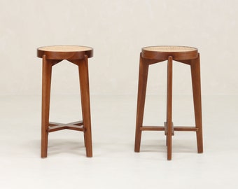 Cane Counter Stool - Teak & Handwoven Rattan