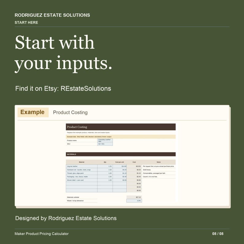 Brand Display Examples Digital Handmade Pricing Calculator for Makers, Product Pricing Spreadsheet ...