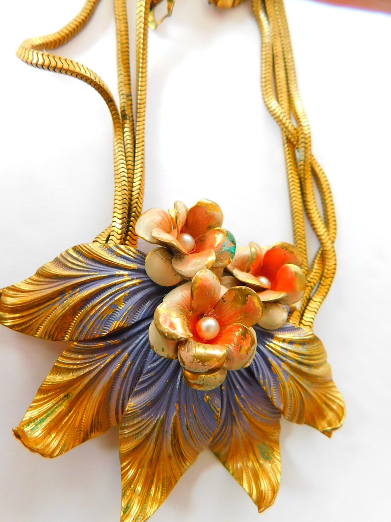 Vintage painted on brass necklace