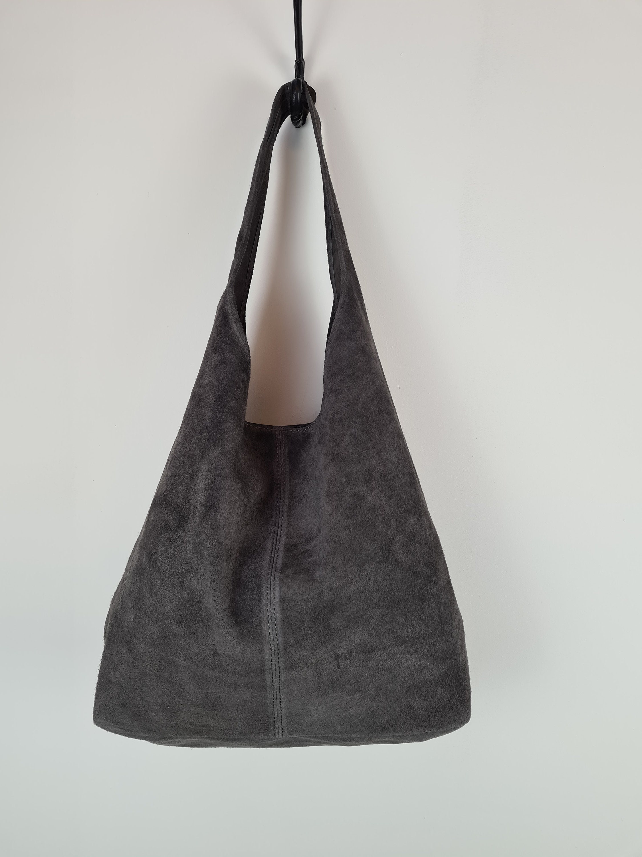 Grey Large Suede Leather Slouch Bag Shoulder Bag Hobo Tote | Etsy