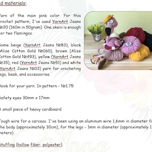 May include: Materials needed to crochet a flamingo amigurumi toy, including pink, beige, black, brown, yellow, red, and white yarn, safety eyes, cardboard, wire, and stuffing.