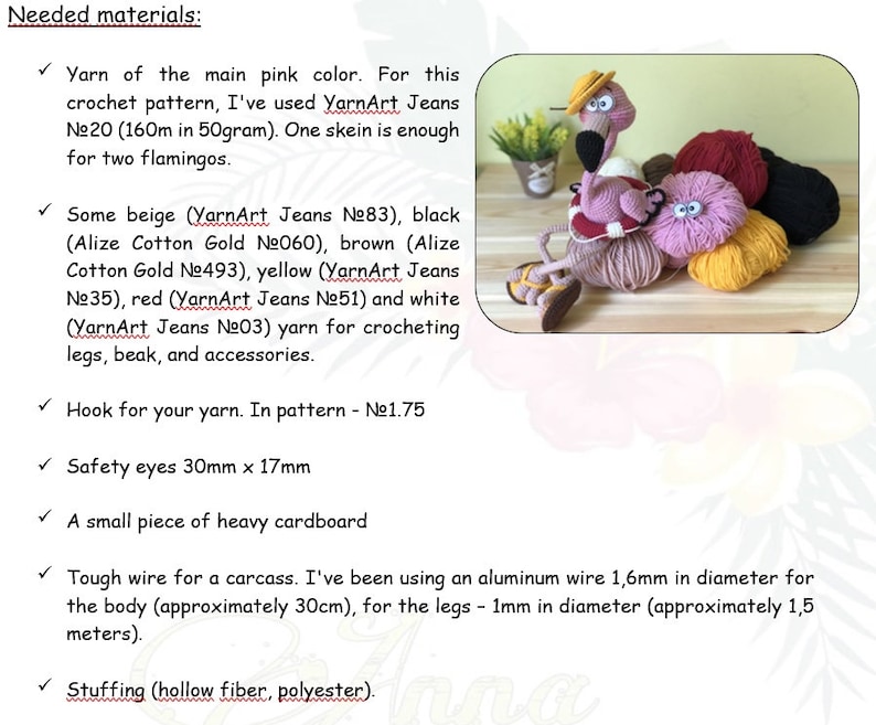 May include: Materials needed to crochet a flamingo amigurumi toy, including pink, beige, black, brown, yellow, red, and white yarn, safety eyes, cardboard, wire, and stuffing.