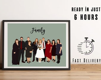 Ritratto di gruppo, disegno di gruppo, disegno da foto, disegno digitale, foto di famiglia, disegno di famiglia, gruppo di sfida, disegno personalizzato