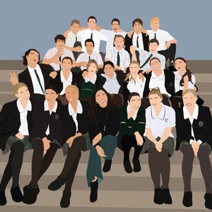 Pu&ograve; includere: Un gruppo di studenti in uniforme scolastico bianco e nero posa su una scalinata. Gli studenti sorridono e ridono, e alcuni si tengono per mano. Gli studenti indossano tutti la stessa uniforme, che consiste in una giacca nera, una camicia bianca e una gonna o pantaloni neri.