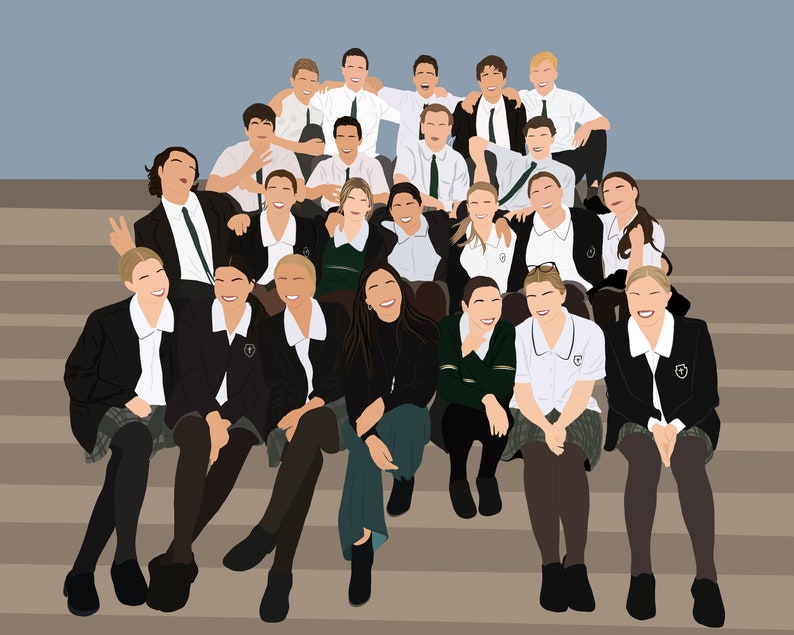 Pu&ograve; includere: Un gruppo di studenti in uniforme scolastico bianco e nero posa su una scalinata. Gli studenti sorridono e ridono, e alcuni si tengono per mano. Gli studenti indossano tutti la stessa uniforme, che consiste in una giacca nera, una camicia bianca e una gonna o pantaloni neri.