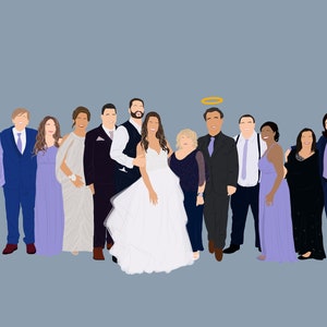 Pu&ograve; includere: Una festa di matrimonio posa per una foto. La sposa e lo sposo sono al centro, circondati da familiari e amici. La sposa indossa un abito da sposa bianco e lo sposo indossa un abito nero. La festa di matrimonio &egrave; in piedi davanti a uno sfondo blu chiaro.