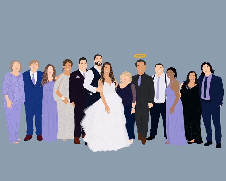 Pu&ograve; includere: Una festa di matrimonio posa per una foto. La sposa e lo sposo sono al centro, circondati da familiari e amici. La sposa indossa un abito da sposa bianco e lo sposo indossa un abito nero. La festa di matrimonio &egrave; in piedi davanti a uno sfondo blu chiaro.