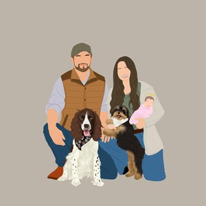 May include: A family portrait featuring a couple with a baby and two dogs. The man is wearing a brown vest and a baseball cap. The woman is wearing a white cardigan and blue jeans. The baby is wearing a pink outfit. The dogs are a brown and white Springer Spaniel and a black and brown terrier mix.
