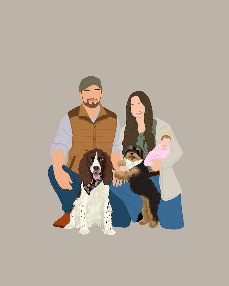 May include: A family portrait featuring a couple with a baby and two dogs. The man is wearing a brown vest and a baseball cap. The woman is wearing a white cardigan and blue jeans. The baby is wearing a pink outfit. The dogs are a brown and white Springer Spaniel and a black and brown terrier mix.