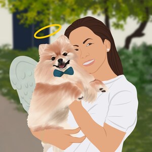 May include: A woman with a halo holds a small, fluffy, light brown dog with a blue bow tie. The dog has angel wings.