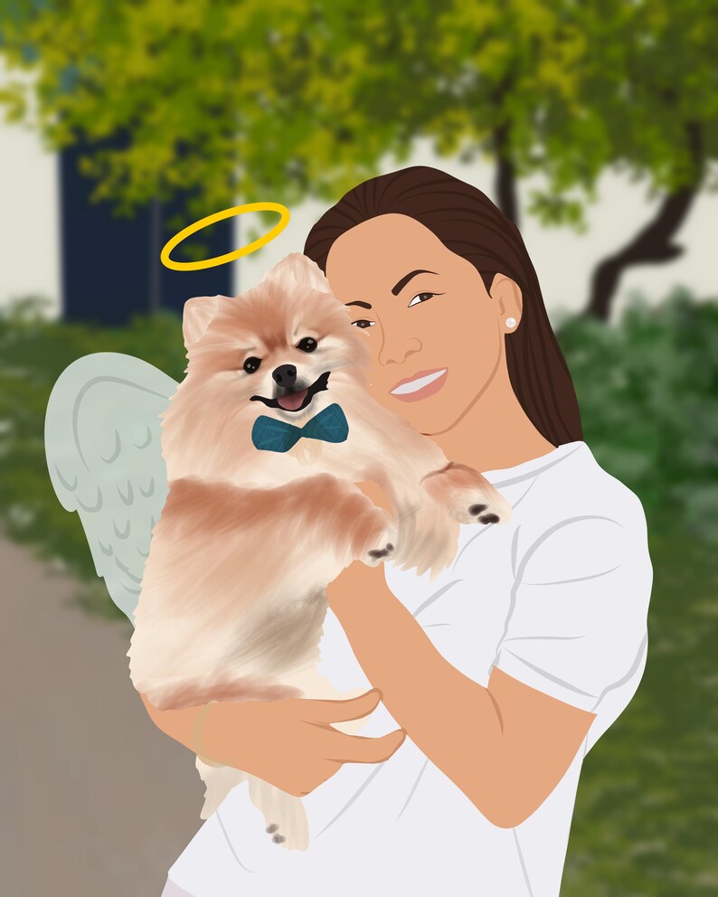 May include: A woman with a halo holds a small, fluffy, light brown dog with a blue bow tie. The dog has angel wings.