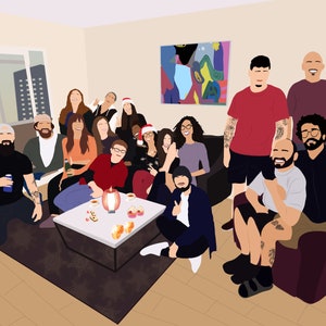 Pu&ograve; includere: Un gruppo di persone riunite in un soggiorno, alcune sedute su un divano, altre su sedie e una persona inginocchiata sul pavimento. Sorridono tutti e guardano la telecamera. C'&egrave; un tavolino da caff&egrave; al centro della stanza con una candela accesa e spuntini sopra. La stanza &egrave; decorata con un dipinto colorato sul muro e una finestra con vista sullo skyline di una citt&agrave;.
