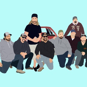 Pu&ograve; includere: Un gruppo di otto uomini posa davanti a un'auto rossa. Indossano tutti abiti casual, tra cui cappelli e occhiali da sole. Gli uomini sorridono e guardano la fotocamera.
