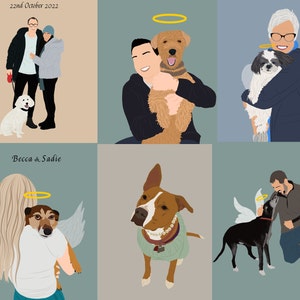 May include: A collage of six images featuring people and their dogs. The top left image shows a couple with their white dog. The top middle image shows a man holding a brown dog. The top right image shows a woman holding a small white dog. The bottom left image shows a woman holding a brown and white dog with angel wings. The bottom middle image shows a brown and white dog wearing a green sweater. The bottom right image shows a man kneeling down with a black dog with angel wings.