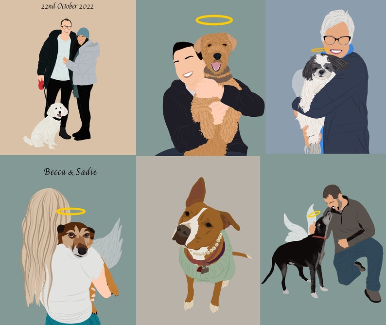 May include: A collage of six images featuring people and their dogs. The top left image shows a couple with their white dog. The top middle image shows a man holding a brown dog. The top right image shows a woman holding a small white dog. The bottom left image shows a woman holding a brown and white dog with angel wings. The bottom middle image shows a brown and white dog wearing a green sweater. The bottom right image shows a man kneeling down with a black dog with angel wings.