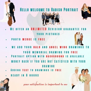 May include: A digital illustration of a couple getting married. The text reads "Hello Welcome to Rabish Portrait" and lists services offered, including unlimited revisions, photo merge, halo and angel wing drawings, portrait options with backgrounds, money back guarantee, adding text to drawings, and a 6-hour turnaround time. The text also says "Your satisfaction is important to me."