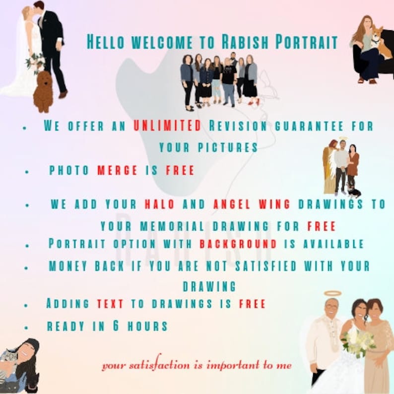 May include: A digital illustration of a couple getting married. The text reads "Hello Welcome to Rabish Portrait" and lists services offered, including unlimited revisions, photo merge, halo and angel wing drawings, portrait options with backgrounds, money back guarantee, adding text to drawings, and a 6-hour turnaround time. The text also says "Your satisfaction is important to me."
